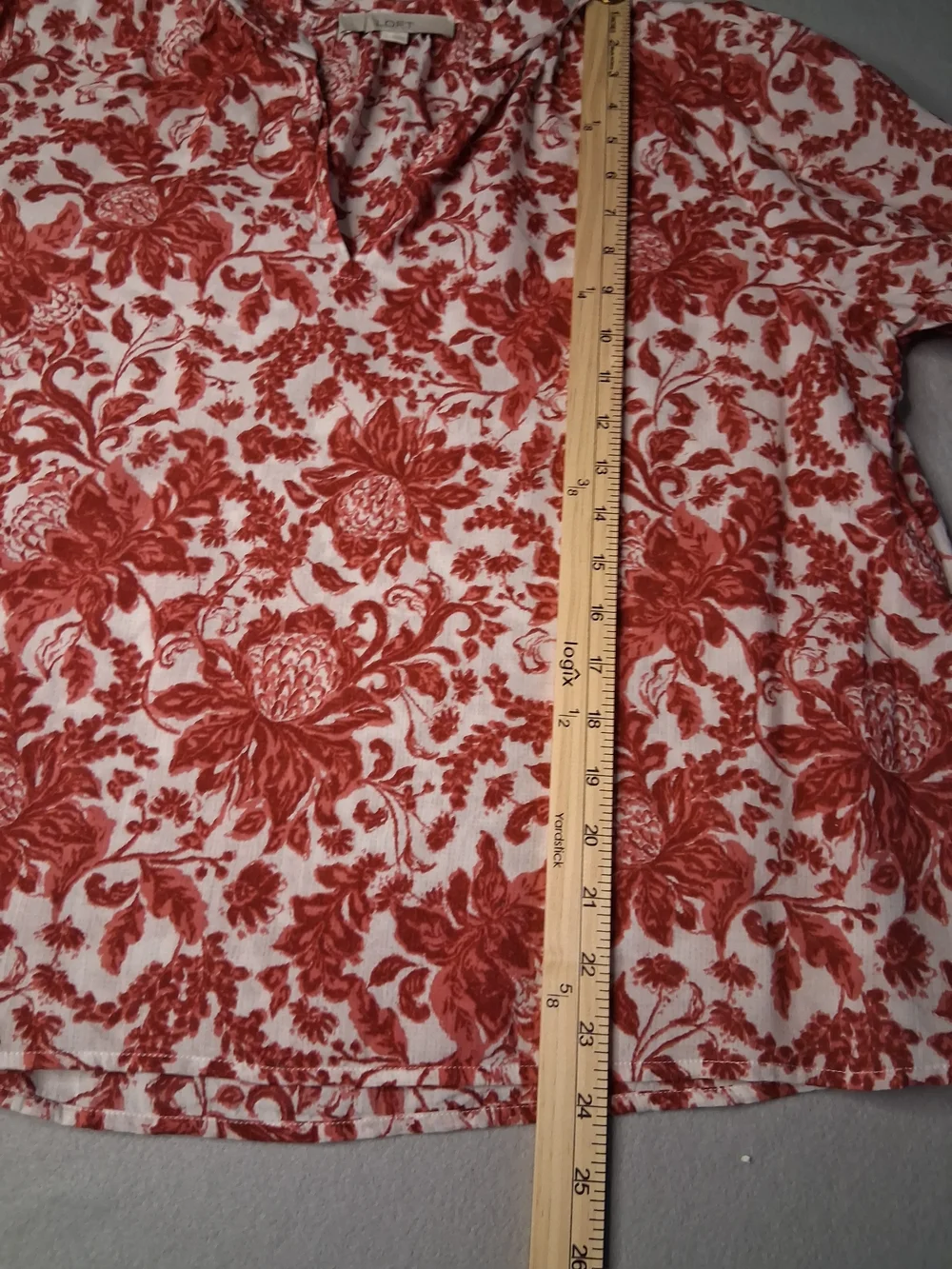 LOFT Red White Floral Blouse Size L Boho Cottagecore Lightweight Long Sleeve Top